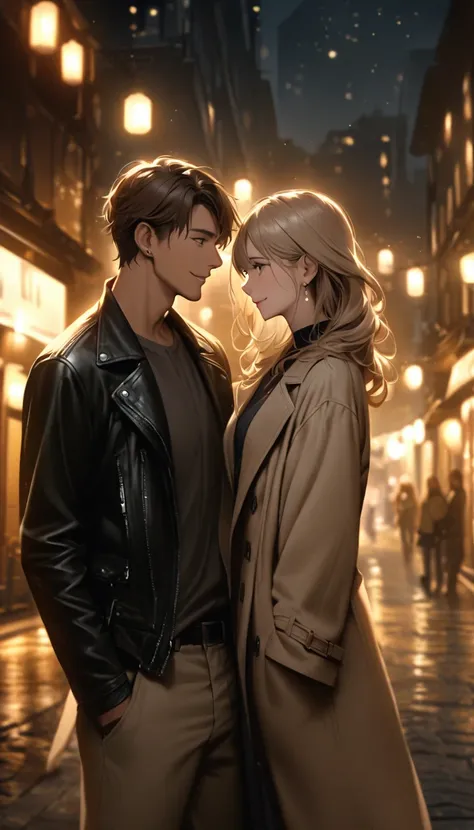 A realistic illustration of a young couple standing together in a cozy, romantic nighttime setting. The man has short, slightly wavy brown hair and wears a light beige trench coat over a dark shirt, with one hand casually in his pocket. The woman has long ...