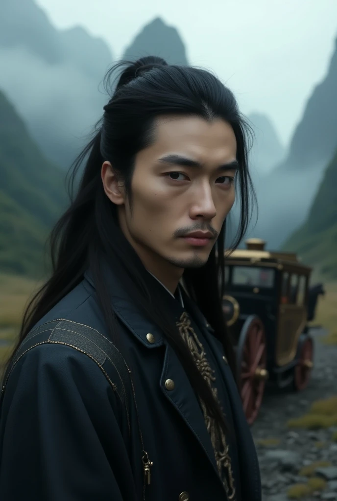 Handsome Chinese man without a beard with long dark hair without a beard near a carriage in a gloomy valley 