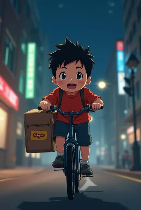 Slightly chubby anime-style boy with super short hair on a bike with a rappi backpack at night 
