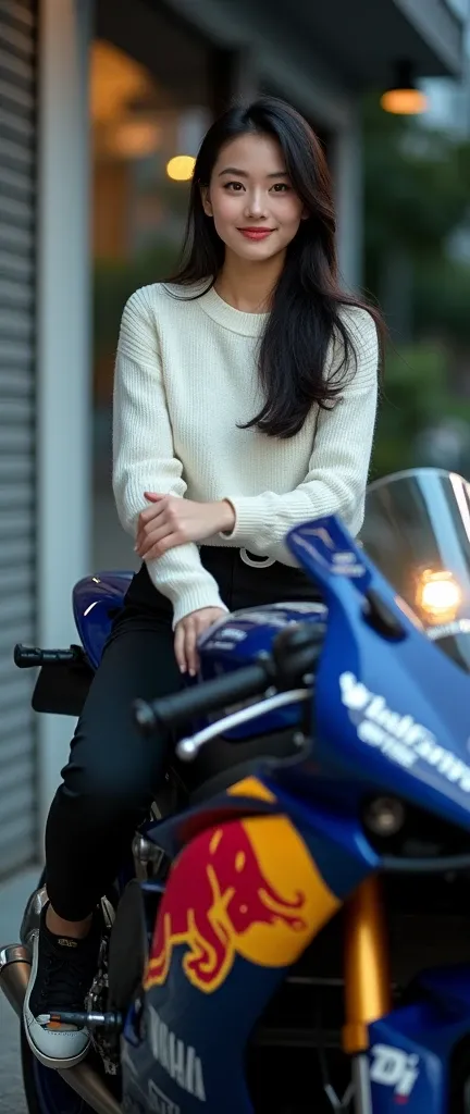 beauty korean  girl smile she is wearing white sweater and long black trousser ,sitting and riding A super bike Yamaha M1 with decal Red bull ,look glossy colour , park on the side street a front closed store at night, picture taken up side angle to show a...