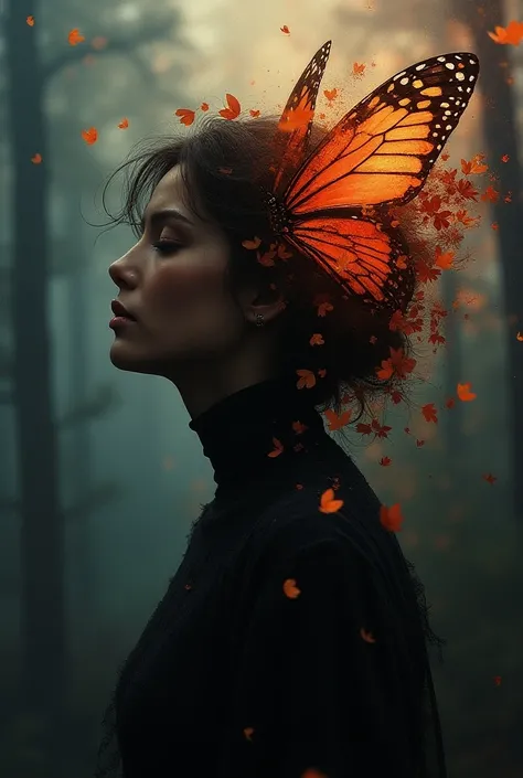 ((Masterpiece in maximum 16K resolution):1.6),((soft_color_photograpy:)1.5), ((Ultra-Detailed):1.4),((Movie-like still images and dynamic angles):1.3) | (double contact:1.3), Beautiful butterfly silhouette effect, Superimposed on Pretty Female《dark forest ...