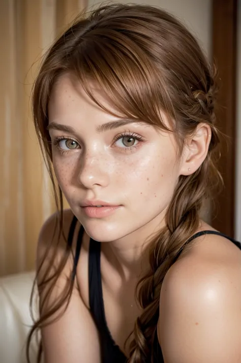 beautiful 20 year old european  woman with light auburn hair, bangs, short hair, braided updo, freckles, dimples: 1.3, blushing,...