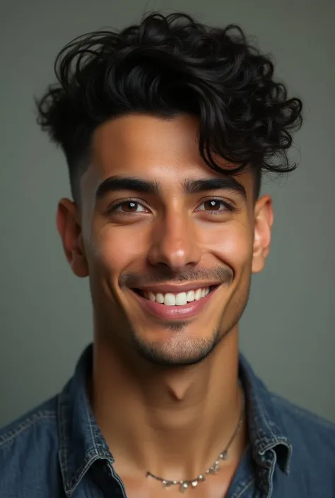 Average man from Latin America with fair skin with curly hair and modern degraded cut.
