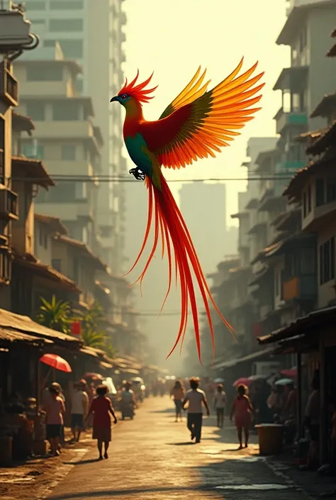 Papuas native bird of paradise flies in the streets of the city