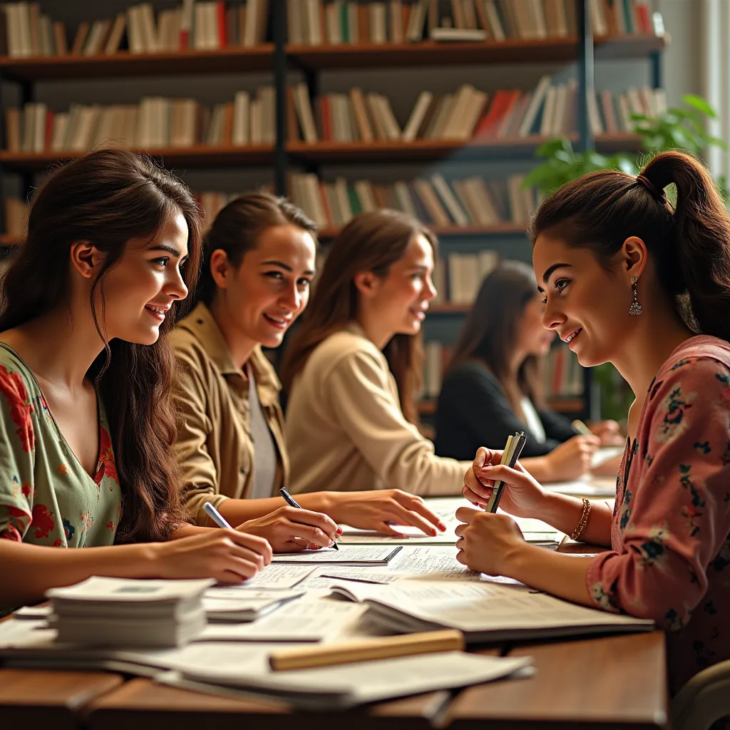 a large, bustling office with men and women seated at desks, typing and writing on papers. the office has shelves filled with bo...