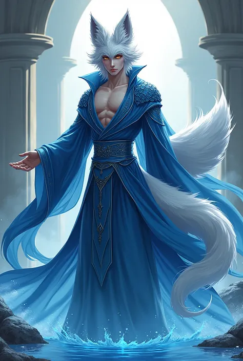 His attire combines fluid fabrics that mimic the motion of water, with accents in deep blues and silvers, hinting at his affinity for the hydro element. Male. Human with fox features like tail and ears. Anime style.