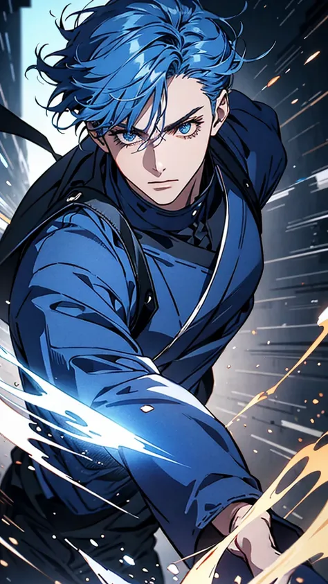 A 19 year old man, blue ninja suit, blue hair, blue eyes, two swords, moving at hyper speed, highly detailed face, extremely detailed eyes, extremely detailed facial features, intricate details, hyper realistic, 8k, cinematic lighting, vibrant colors, dyna...