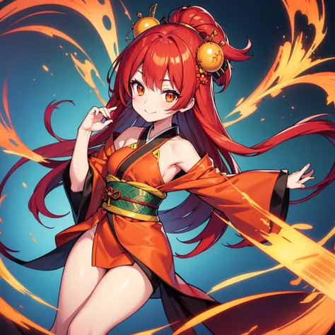 kimono, 1girl, solo, red hair, long hair, orange eyes, flat chest, slim figure, smile, perfect anatomy