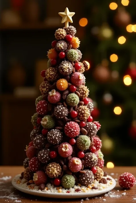 Christmas tree made of brigadeiros with traditional colorful confections