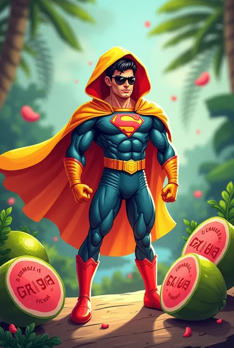 Image of a superhero in the wrapper of a Chancaca candy with guava and saying the word guapowers 