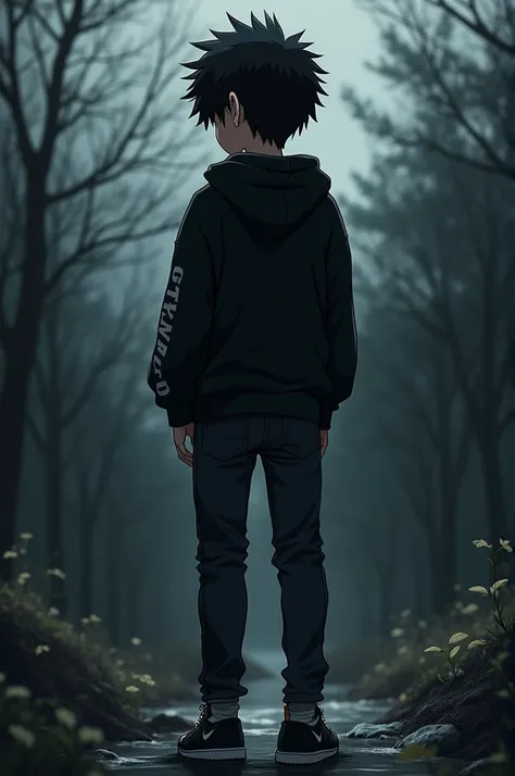 Make a boy. The boy has black hair and the boy is wearing a black otaku boy hoodi and he is wearing a jeans pant and his feet are black Nike shoes and his back is black nature and his body color is black and the boy is an Otaku.