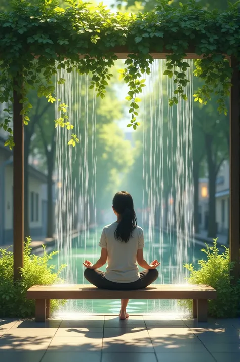  Create an image about a person sitting on a bench in the street with a roof that surrounds it and water falls like a waterfall, without wetting people sitting with the Zen brand logo lemon and lime drink 