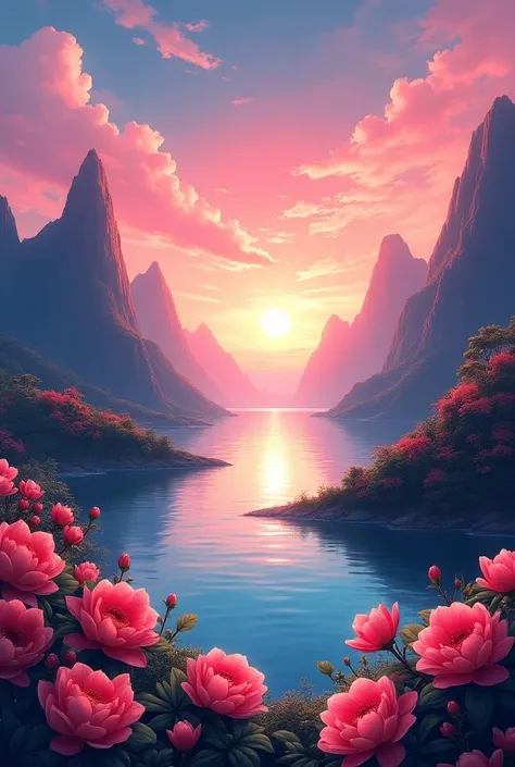 Mountains，Flowers in bloom，Bright colors， Detailed Scenery ，ocean，Scorching sunset，Warm colors， The bright colors of swirls ，Dense vegetation，Still water reflections， Picturesque ，Leisure and tranquility，artwork， best quality，8k，Extremely detailed， anime s...