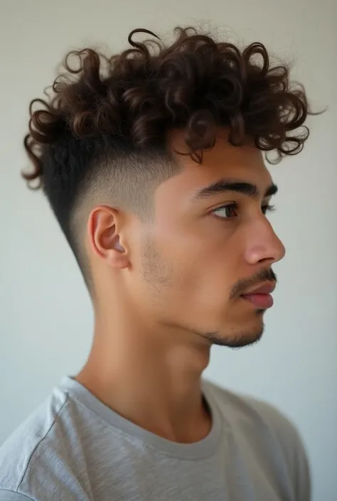  Average man from Latin America with fair skin with curly brown hair, modern gradient cut .
In profile in front of the camera