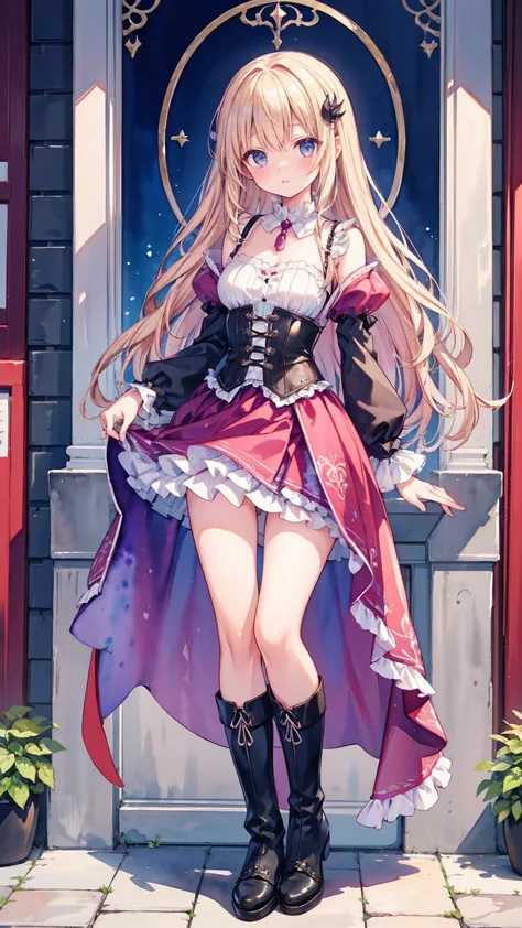 (((nsfw)))、 (((watercolor))), (((gothic))),  A young woman stands among elaborate decorations 、 captivating scene  , she was adorned with hair accessories、she is medium length,  Wavy golden hair..。.。Super mini skirt with frills, sheの表情は自然だ,  calm expression . she wore a frilly-sleeved miniskirt and a tight corset....、she&#39;  wears a gorgeous off-the-shoulder white dress  。,   creates a whimsical and romantic atmosphere   . sheのポーズはリラックスしている,   rear view of posture、she is lifting her skirt with both hands。   white panties 。 camel toe 、 そしてsheは&#39;Turn slightly to the side,   rear view of posture、  gives a sense of contemplation and contemplation  . The background is vivid, Blooming flowers and intricate designs,   is whimsical and creates a romantic vibe  . 背後から差し込む自然光がsheの周りに柔らかな輝きを放つ...., The delicate details of the costume、Enhance the vibrant colors of the landscape.    I wear black stockings with delicate shoes   ...., Taking the audience into a dream world. 

A woman standing in a courtyard wearing a dress and boots, (((watercolor))),    Anime with beautiful animated art   ,    Anime with beautiful animated art   work, Kschat Krentz Key Art Feminine,  Gway's  , Anime Art Nouveau, Detailed Key Anime Art,  Anime full body illustration ,  barrel  ,  Pixiv Digital Art,     Beautiful fantasy anime    