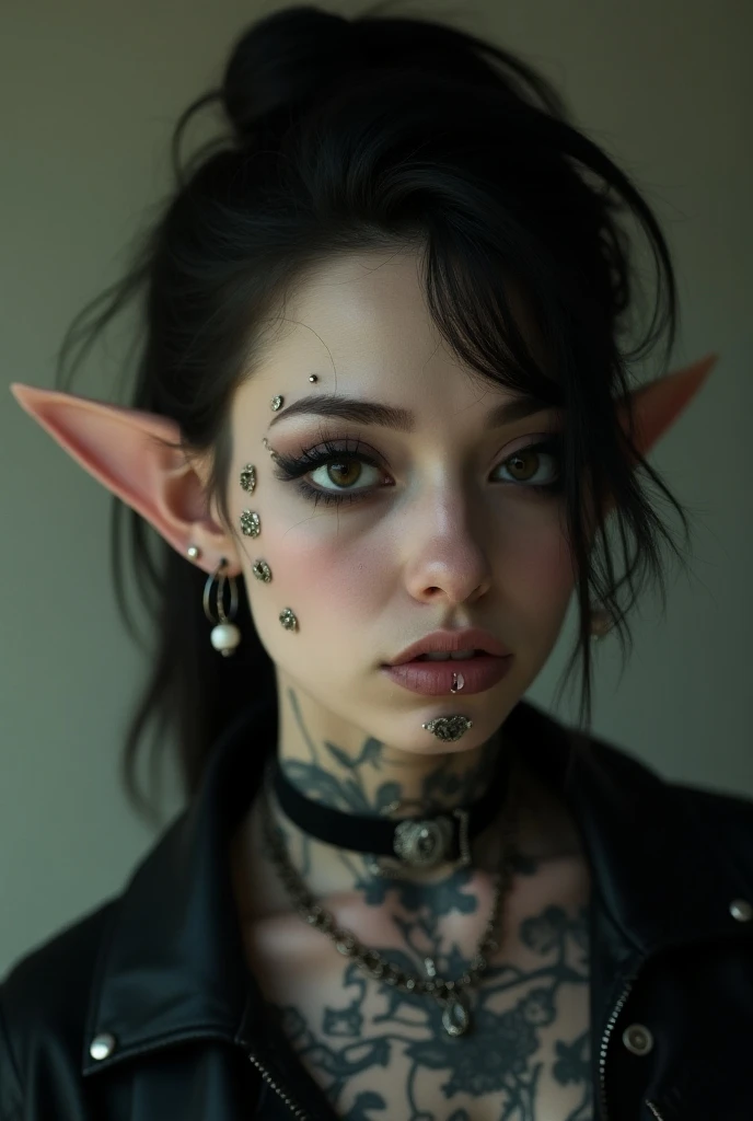  A portrait photograph In the style of the artist momhugssss,  a woman with big eyes and elf ears , punk style, con many piercings en las orejas, many! ,  tattoos on the lips and nose . Also with  