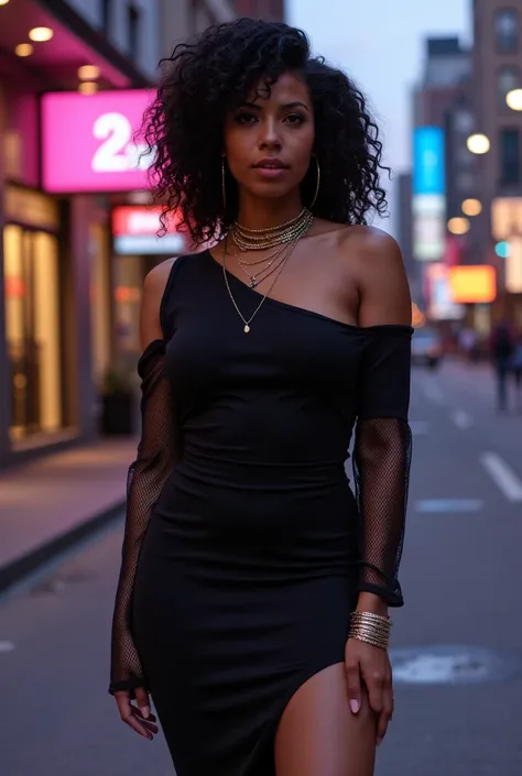 A dark-skinned curvaceous Black woman in a sleek mesh-paneled pencil skirt with a stretch-jersey top featuring asymmetric cuts and an off-shoulder neckline, styled with bold, layered necklaces, metallic ankle-strap heels, and a dramatic side-swept hairstyl...