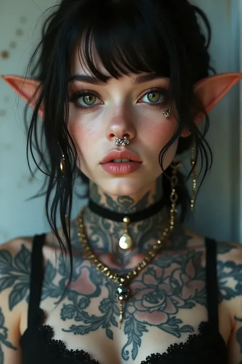  A portrait photograph In the style of the artist momhugssss,  a woman with big eyes and elf ears , punk style, with a lot of piercings and tattoos  