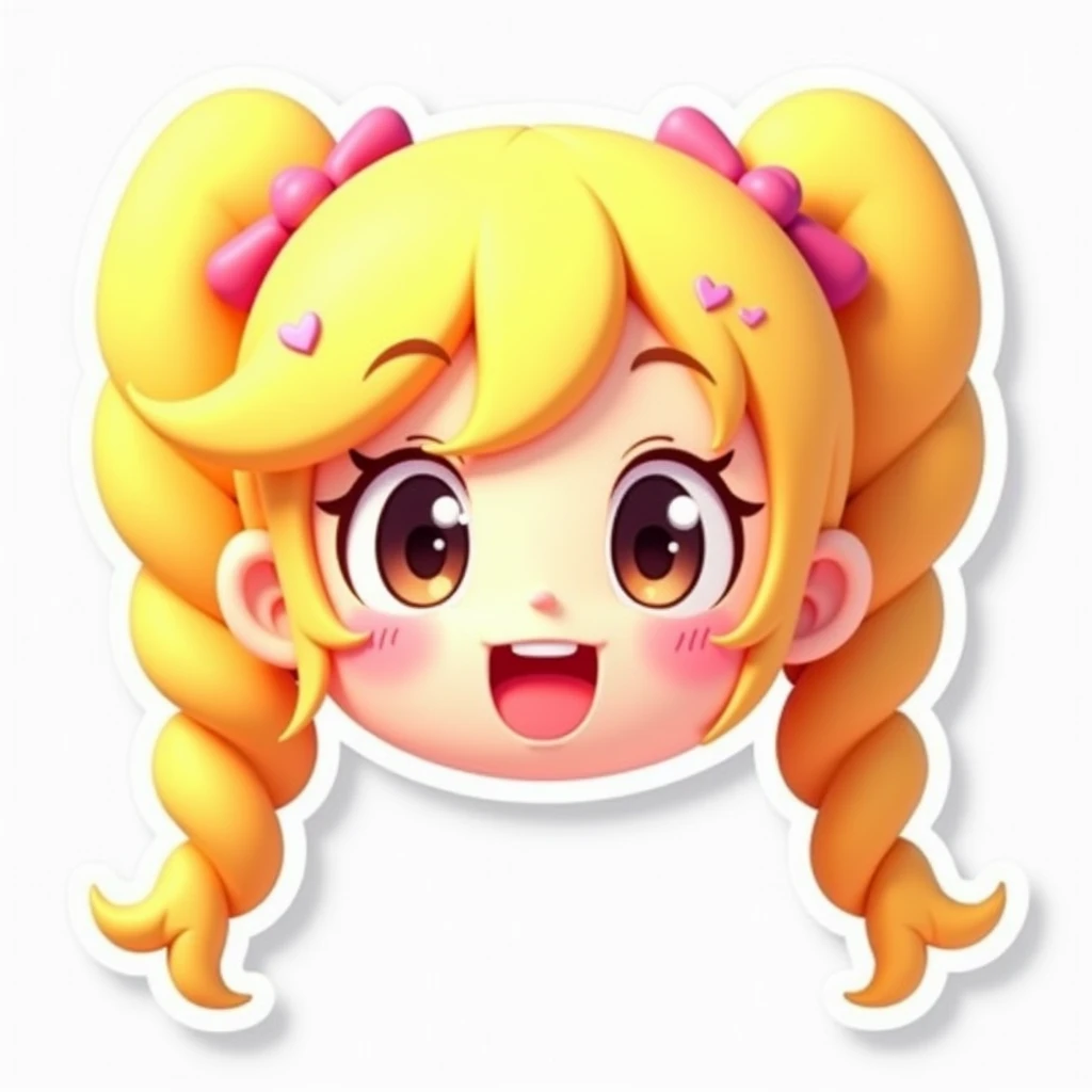 A 3D-style cartoon sticker of a cute character with blonde hair in pigtails, smiling happily with expressive eyes. The character should have a playful and cheerful expression with hearts around the face to convey joy. Maintain a consistent design across di...