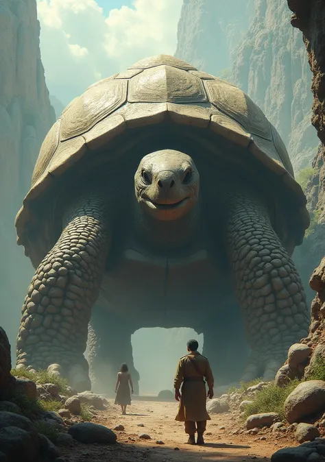 a big tortoise bigger than humans and its shells top is like a whole new continent and its bigger than the humans that in the turtles pov the humans is like a sized of an flea also make it like a really old and a mythical creature.