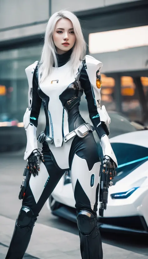 High definition photography, Hacker, bright face , Teenage girl, pretty white skin, Beautiful breasts, longhair, cyberware, Suit-futuristic, colorfulstyle, robotics girl, Modern Armor, skinny leather pants, Prosthetic-Sci-Space, with rifle, Fighting in the...