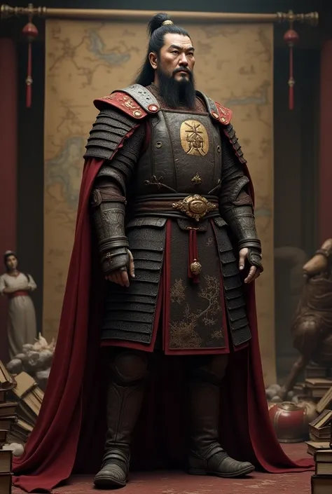 "An ultra-realistic 4K portrait of Genghis Khan, standing tall in a moment of deep reflection. His stern, battle-hardened expression conveys the ruthless warrior he was, while the surrounding elements—such as scrolls, maps, and books—hint at the complex, d...