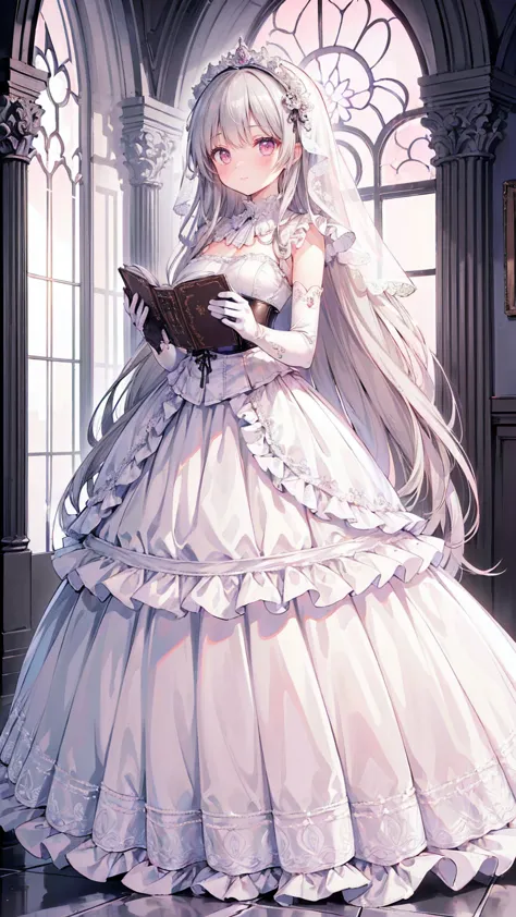  full dress shot , Shot from above, (Front shot:1.5), whole bodyイラスト, (((full body, depicts whole body, full body  PORTRAIT, whole body))),  PORTRAIT,  1 girl, Alone, かわいいPose, Pose, beautiful gorgeous  charming cute adorable princess,  watching viewers , cute blush , ( blanking in books:1.5), Intense blush, (Pink Eyes:1.5) ,(((hyper detail delicate beautiful eyes , Big Eyes,  Clear Eyes ,  extremely detailed))), (Soft thin lines:1.2, beautiful, 優雅でbeautiful顔, Young Face, smile), (( straight hair massive ,  very voluminous very long hair ,  very long straight hair )), (Gray Hair:1.5), (  very gorgeous full hair ornament  ,   very gorgeous full jewelry tiara  ), ( long bridal veil :1.2), ( face veil:1.5), Ruffled collar,  Luxury Jewellery ,   skindentation  , Pale skin, slim, ( extremely huge big chest :1.5), Bust Clevidge,  bust, ((( extremely detailed hands, Delicate hands, beautiful hands, 5-Fingers))),  turn your arms around your back:1.5, ( frill long gloves :1.5) ( pure white gown dress :1.5), ((( pure white lace and frills ,   Dress with ribbon and flower motifs  ,   voluminous full length Gorgeous princess ball gown with details with hoop skirt ,   gorgeous princess with long train long rococo ball gown  , gorgeous princess long rococo ballgown with beautiful embroidery and jeweled,  gorgeous gown ))), ( long train gown :1.2) , ( fluffy gown :1.2), (Floor-length dress :1.5), ( gown trailing  :1.2), (Long sleeve gown:1), ( leather with white lace Corset :1.5), masterpiece, (Full HD:1.5), ( high resolution on down:1.5), ( absurd:1.5), ( high quality:1.5), ( high resolution on down:1.5), (Best Images:1.5), ( ultra quality:1.5),  high resolution on down, 16k, 32K, ( super resolution:1.5), (Super detailed:1.5), ( Very Detailed:1.5), Fantasy scene, Dreamy fantasy,  fantasy palace background , ( is standing:1.2), (Shine, god rays, Shine, Mysterious, Dreamy, sky, otherworldly, Dreamy, breathtaking,  charming, Sacred), ( faces with a depth of writing ),  sharp concentration, Vivid lighting