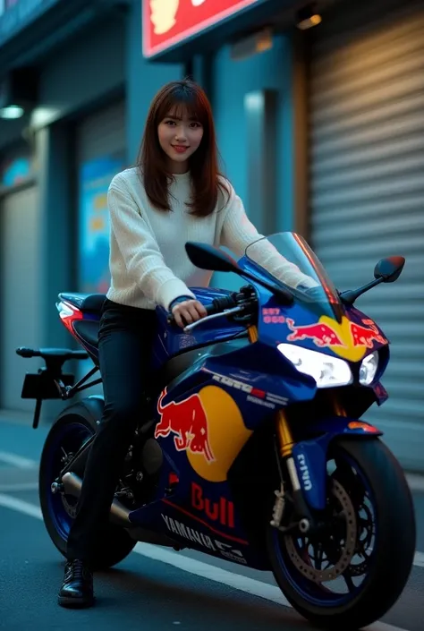 stuniing photograph og beauty korean  girl smile she is wearing white sweater and long black trousser ,sitting and riding A super bike Yamaha M1 with decal Red bull ,look glossy colour , park on the side street a front closed store at night, picture taken ...