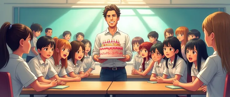 Drawing of a class of 44 students are standing and taking a photo with the male teacher. The teacher held a large cake and stood between the girl. The girls sit in the front. The boys standing on the table and standing behind the male teacher 