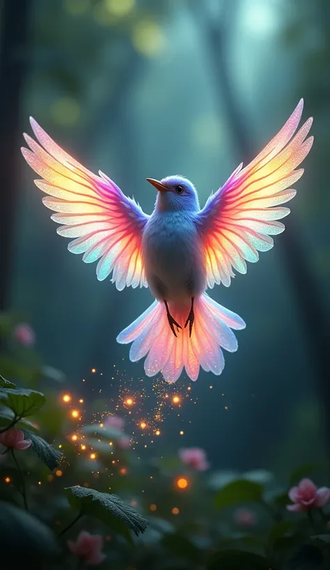 A hyper-realistic close-up of a small bird mid-transformation under vibrant rainbow light. Its feathers glow with shifting multicolored hues, radiating a soft aura. Tiny glowing particles trail behind the bird as it spreads its radiant wings. The backgroun...