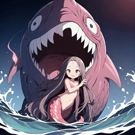 Deep in the ocean, a scary sexy mermaid approaches. Much like an angler fish she has a glowing lure dangling from her forehead, huge dark eyes, and an enormous toothy mouth