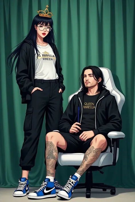 make me a 2D anime picture of a beautiful woman, long black hair, sharp chin, white glasses, sexy red lips, wearing a white Umbrella QUEEN t-shirt, black hoodie, black cargo pants, wearing a princess crown, wearing blue and white Air Jordan shoes standing ...