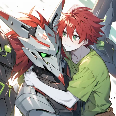 Protogen dragon random hugging a normal human male with red hair, dark green eyes, and a green shirt, with white skin, and freckles on his face.
