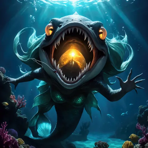 Deep in the ocean, a scary sexy mermaid approaches. Much like an angler fish she has a glowing lure dangling from her forehead, huge dark eyes, and an enormous toothy mouth
