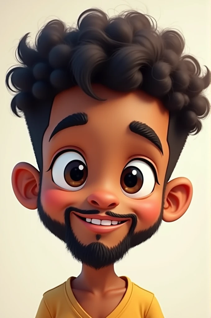 Make a cartoon brown boy having curly hair black eyes diamond face shape with beard 