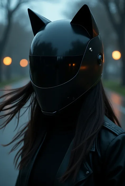 Cinematic, semi realistic, black cat ears Helmet, black helmet, black visor, black long hair,  front, wind, black turtleneck, black jacket, night setting, night park background, portrait, full face is covered by the helmet 