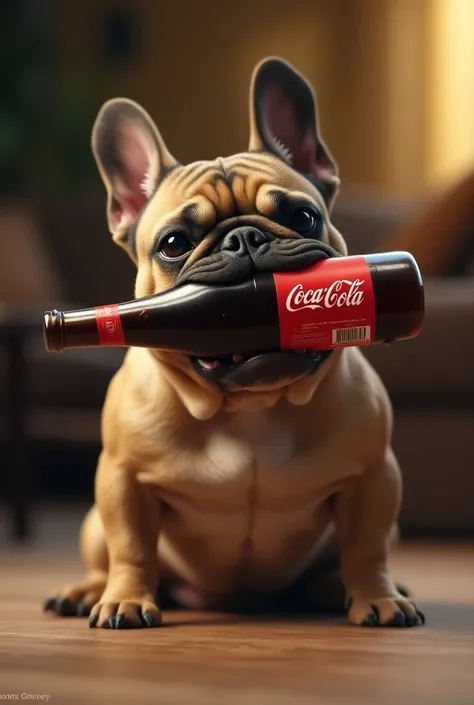 French bulldog with a Coca-Cola bottle in his mouth