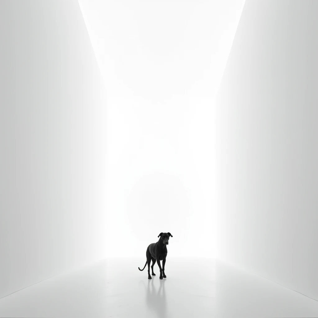  objective image ,  of a bright white room, empty,  Black and white image;  a dog walking in the back of the room.