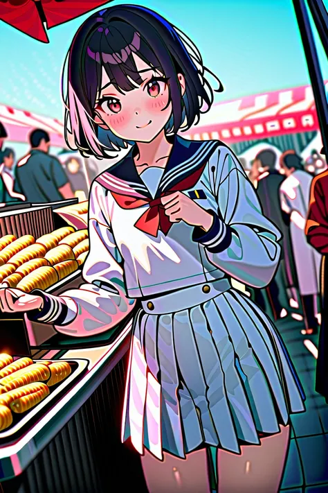 (8K, best quality, master piece: 1.2),super high resolution,best quality,1 girl,14yo,solo,ultra-detailed face,detailed eyes,red eyes,short hair,black hair,mascara,the girl holdinga a grill corn,standing,:q,long sleeve school uniform, sailor suit,pleated sk...