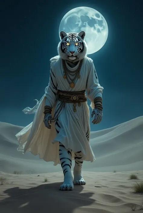 White tiger with human body, With clothes walking in the dark desert night