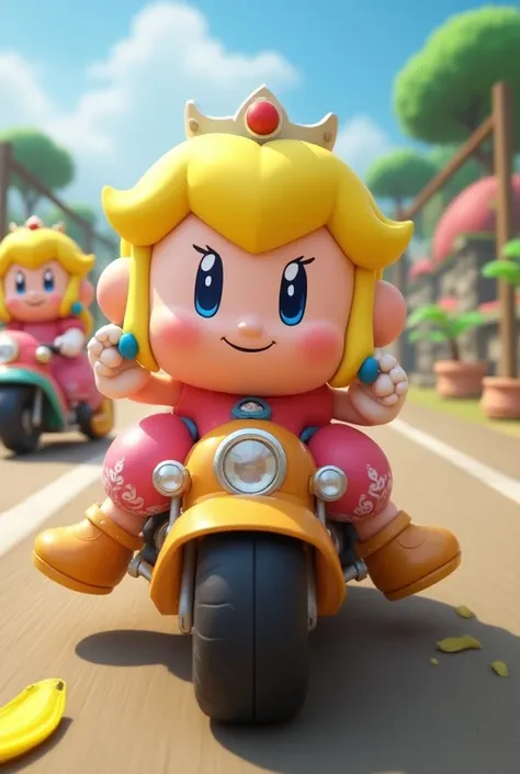 A peach , The Flippster motorcycle from Mario Kart rides ,  with arms and legs .  There is a banana peel on the road.  In the background Peach and Daisy from Mario Kart on the same motorcycle.