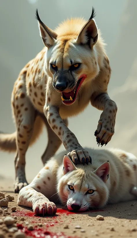 A dead white lynx neck blood is lying on the ground, and a bald hyena mouth blood is standing with one paw on top of the white lynx blood . The bald hyena mouth blood towers over the white lynx neck blood .