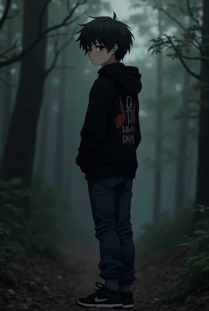 Make a boy. The boy has black hair and the boy is wearing a black hoodi and he is wearing a jeans pant and his feet are black Nike shoes and his back is black nature and his body color is black and the boy is an Otaku.her age is 15 . And har hoodie writing...