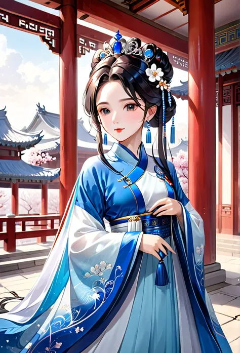  A woman wears a blue and white dress with flowers on her hair, Hanfu, palace, girl in Hanfu, blue Hanfu, white Hanfu, Wearing ancient Chinese clothing, ((The beautiful queen of imagination)), ancient Chinese Princess,  Chinese style,  Traditional Chinese ...