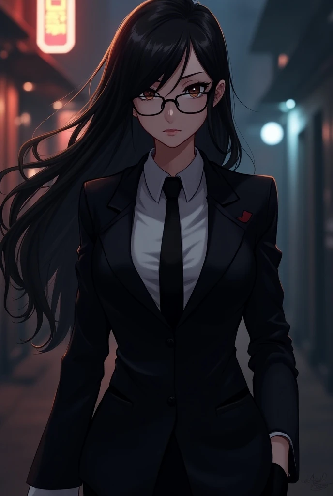 Anime mafia girl in glasses and gloves with long hair, alpha girl