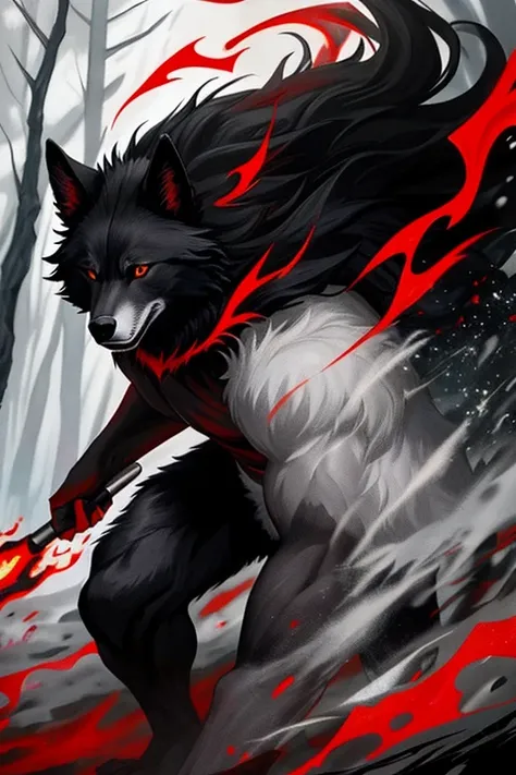 Black wolf-man with red eyes, black fur with white and gray patches, wearing fantasy-inspired . In the background, a burning forest. Photorealistic style