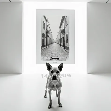  objective image ,  of a bright white room,  Black and white image;   A large panel on the wall with a drawing of an old street. word "Enther"  framed with a Key. Write at the bottom: "142209"; a close up dog looking at the camera 