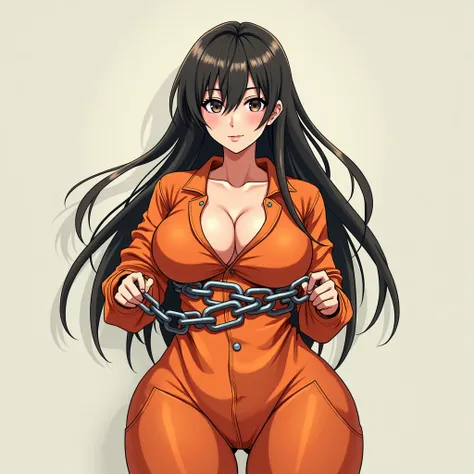 prisoner anime girl, chained, orange jumpsuit, big boobs, long hair