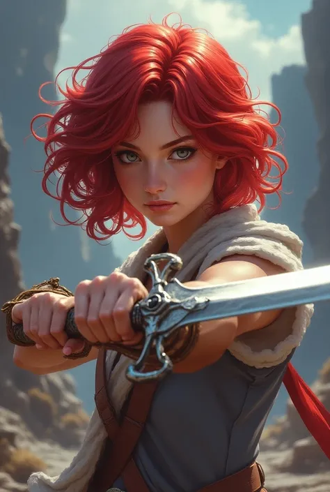 A girl with curly cherry hair and short hair. sword in hand 
