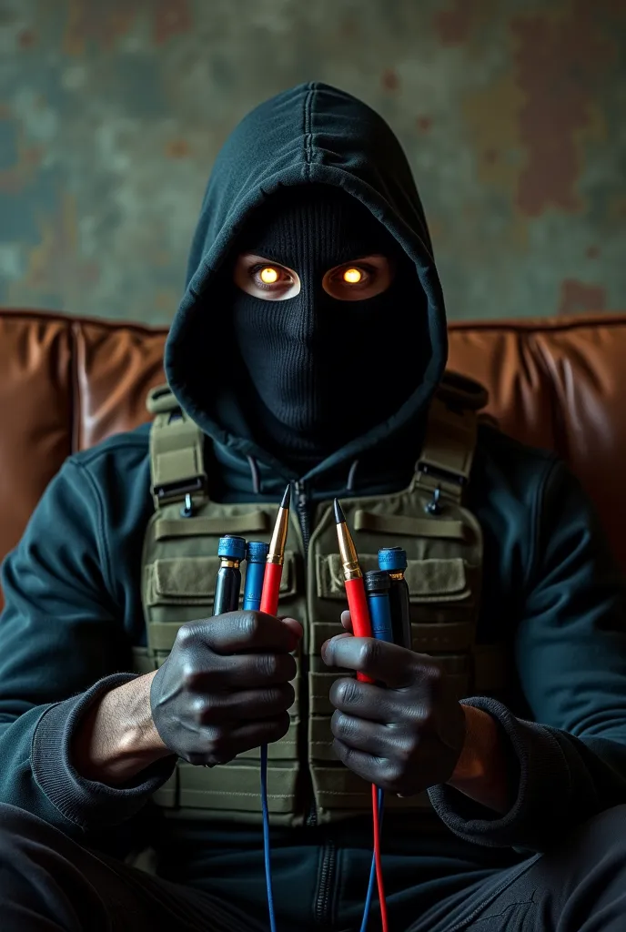 hyperrealistic portrait of a masked operative on a weathered leather couch, tactical vest laden with 5.56mm rounds. his piercing...